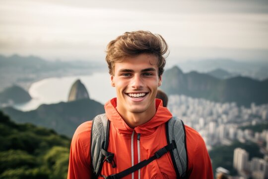 Environmental Portrait Photography Of A Joyful Boy In His 20s Wearing A Lightweight Running Vest At The Christ The Redeemer In Rio De Janeiro Brazil. With Generative AI Technology