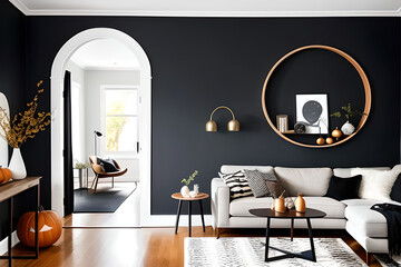 Modern dark color living room interior with arch and blank poster on wall. Halloween ornaments