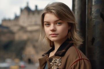 Medium shot portrait photography of a tender girl in her 20s wearing an ornate brooch at the edinburgh castle scotland. With generative AI technology - obrazy, fototapety, plakaty