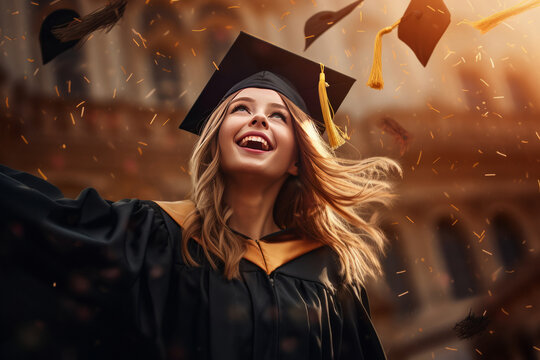 Young smiling student at graduation or graduation dressed in gowns and biretta.generative ai
