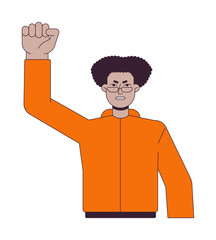 Angry man flat line color vector character. Raising hand up. Man protesting, clenching fist. Editable outline half body person on white. Simple cartoon spot illustration for web graphic design