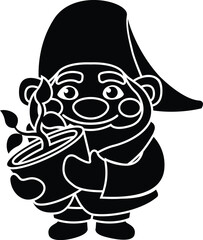 Obraz premium Black and White Cartoon Vector Illustration of a Garden Gnome holding a Plant Pot