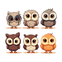 Multiple cute little owls isolated on white background