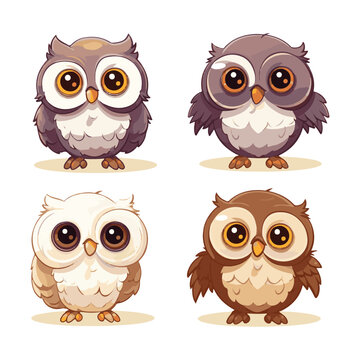 Multiple cute little owls isolated on white background