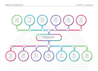 Infographic process design with icons and 13 options or steps.