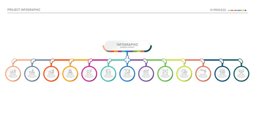Infographic process design with icons and 13 options or steps.