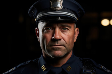 Portrait of a policeman, adult man in black uniform looks at the camera, close up photo
