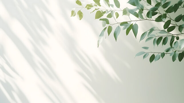 Minimalistic light background with blurred foliage shadow on a white wall