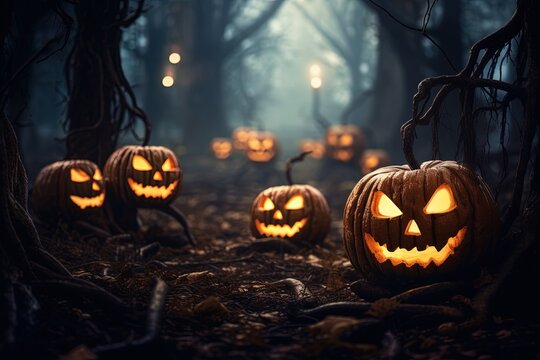 Halloween pumpkins in the dark forest. Scary halloween concept.Generative Ai