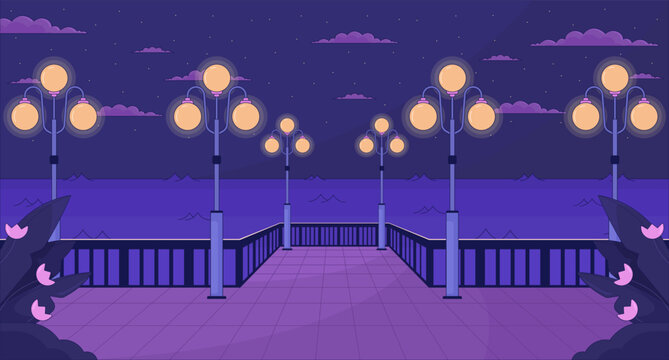 Night waterfront with streetlights lo fi aesthetic wallpaper. Nighttime city quay, glowing lampposts 2D vector cartoon cityscape illustration, purple lofi background. 90s retro album art, chill vibes
