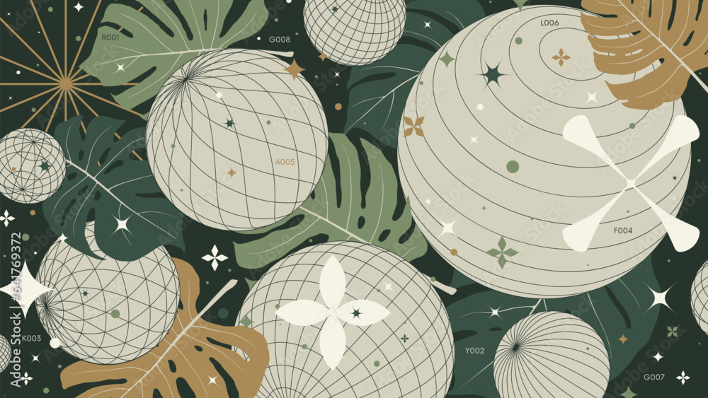 Poster abstract geometric background with 3d circle wireframe shapes and tropical leaves, volumetric forms 