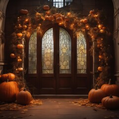 Obraz premium Autumn, doors, pumpkin, fall leaves backdrop