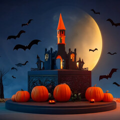 Free Photo Halloween House moon night with pumpkins and bats flying in the background Generated Ai 
