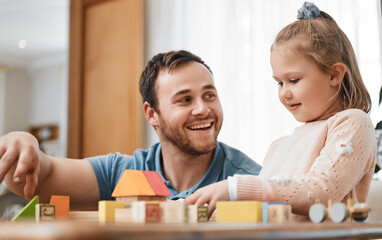Obraz na płótnie Canvas Building blocks, toys and girl with happy dad playing in living room for education, development and learning in creative games. Montessori, child and father bonding with kid in family home lounge