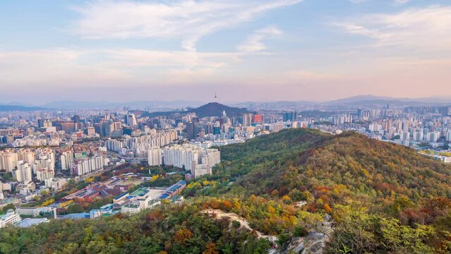 Time lapse Landscape of Seoul City and Autumn in Seoul Korea.