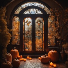 Obraz premium Autumn, doors, pumpkin, fall leaves backdrop