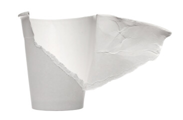 Disposable crumpled and torn, paper cup for throwing away and recycling isolated on white, clipping path