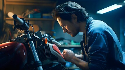 Mechanic young man repairs and fixing motor in workshop. Motorcycle engine repair diagnostics concept. Generative AI