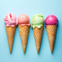 Four colorful Ice cream Cones isolated in a minimalist Background. Ice cream Cones.