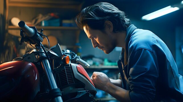 Mechanic young man repairs and fixing motor in workshop. Motorcycle engine repair diagnostics concept. Generative AI