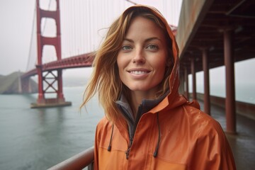 Lifestyle portrait photography of a glad girl in her 40s wearing a waterproof rain jacket at the golden gate bridge in san francisco usa. With generative AI technology - obrazy, fototapety, plakaty