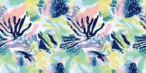 Tropical modern coastal pattern clash fabric coral reef border print for summer beach textile designs with a linen cotton effect. Seamless trendy underwater kelp and seaweed ribbon edge background