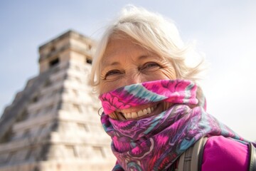 Close-up portrait photography of a cheerful mature woman wearing a protective neck gaiter at the chichen itza yucatan mexico. With generative AI technology