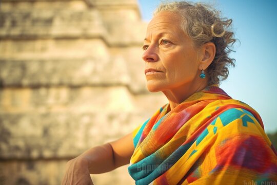 Photography in the style of pensive portraiture of a merry mature woman wearing a vibrant rash guard at the chichen itza yucatan mexico. With generative AI technology