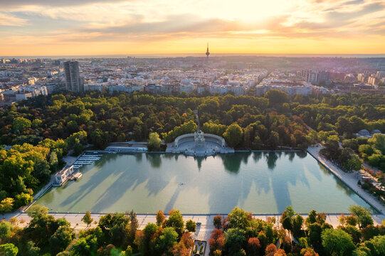 Aerial view of Parque El Retiro in Madrid, Spain at a golden hour sunrise