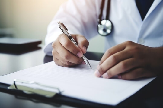 The hands of a male doctor write a prescription to a patient.