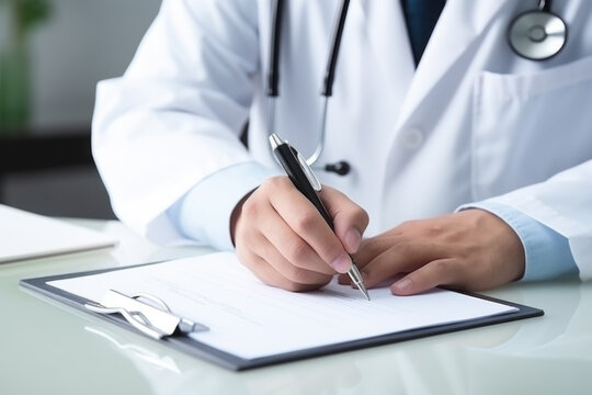 The hands of a male doctor write a prescription to a patient.