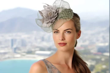 Keuken foto achterwand Tafelberg Close-up portrait photography of a merry girl in her 40s wearing a fancy fascinator at the table mountain in cape town south africa. With generative AI technology
