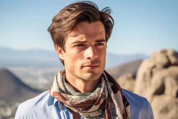 Photo sur Plexiglas Montagne de la Table Close-up portrait photography of a tender boy in his 30s wearing an elegant silk scarf at the table mountain in cape town south africa. With generative AI technology