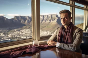 Papier Peint photo autocollant Montagne de la Table Photography in the style of pensive portraiture of a grinning boy in his 30s wearing an elegant silk scarf at the table mountain in cape town south africa. With generative AI technology
