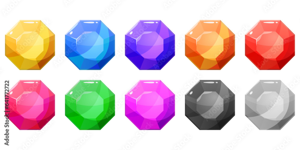 Poster set of ten multicolored crystals, gems, diamonds. collection of cartoon style vector graphic resourc