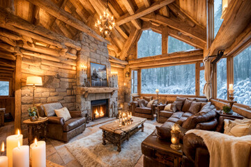 Grand salon d'un chalet luxueux en bois avec une cheminée dans une ambiance chaleureuse - obrazy, fototapety, plakaty