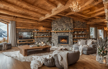 Ambiance chaleureuse dans le salon d'un chalet luxueux en bois et pierres en hiver