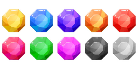 Set of ten multicolored crystals, gems, diamonds. Collection of cartoon style vector graphic resources for game design.