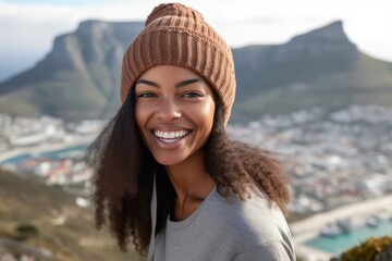 Environmental portrait photography of a joyful girl in her 30s wearing a trendy beanie at the table mountain in cape town south africa. With generative AI technology