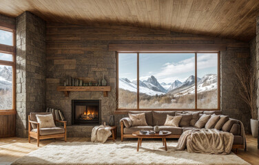Obraz na płótnie Canvas Cheminée dans un chalet en bois en hiver avec vue panoramique sur les montagnes enneigées