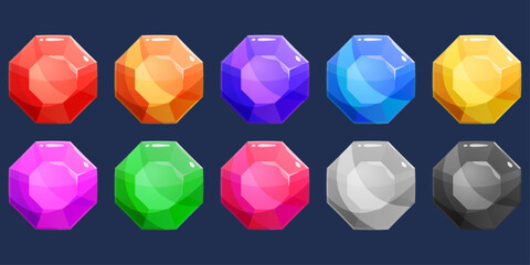 Set of octagonal gems. Colored gems isolated, for games, applications, web graphics.