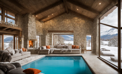 Salon avec piscine et cheminée dans un hôtel de luxe en bois et pierres en hiver avec vue sur les montagnes enneigées