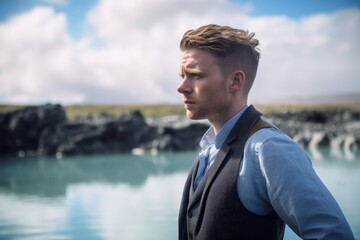 Photography in the style of pensive portraiture of a glad boy in his 30s wearing an elegant corset at the blue lagoon in reykjavik iceland. With generative AI technology - obrazy, fototapety, plakaty