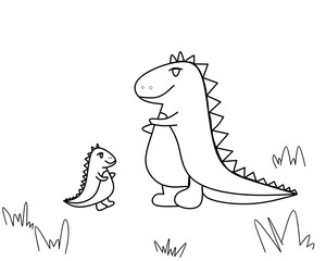 Illustration character dinosaurs big mama with little child standing together| Line art with green and yellow color that can used for coloring book, t-shirt, e.t.c