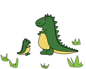 Illustration character dinosaurs big mama with little child standing together| Line art with green and yellow  color that can used for coloring, t-shirt, e.t.c