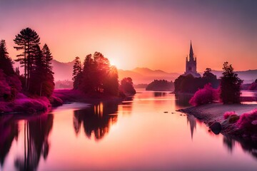 Fototapeta na wymiar sunset over the pink river