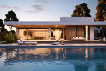 modern luxury home backyard swimming pol 3d rendering