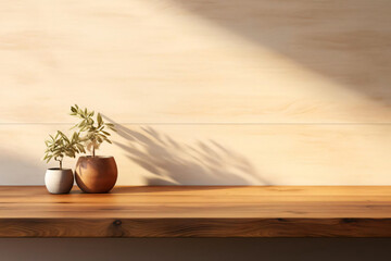 plant on a wood table with sunlight creating a peaceful shadow, serenity, minimalist