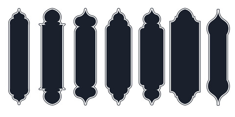 Collection of arabian oriental windows, arches and doors. Modern design in black for frames, patterns Mosque dome and lanterns Islamic ramadan kareem and eid mubarak style. Vector illustration