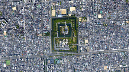 Nijo Castle, Ninomaru Palace and Honmoru Garden aerial view from above – Bird’s eye view Kyoto,...